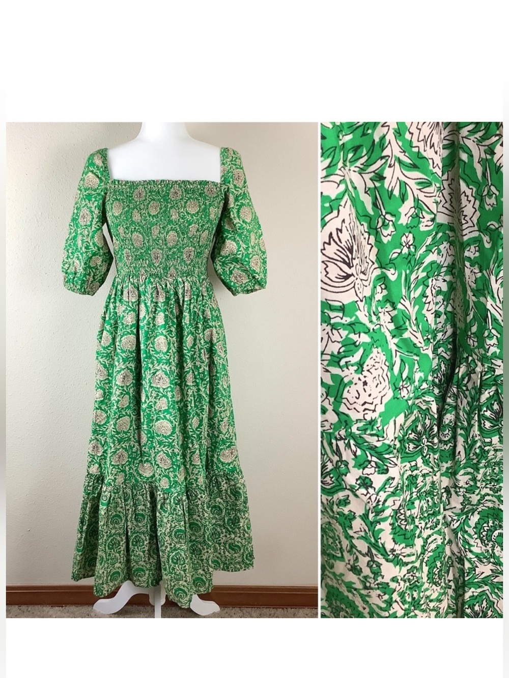 HOUSE of HARLOW 1960 Smocked Puff Sleeve Mixed Print Dress Green Cream Peasant